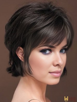Naturally Straight Human Hair Wig With Bangs Capless Short Length Black Color