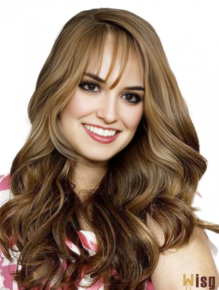 Full Head Human Hair Brown With Bangs Wavy Style