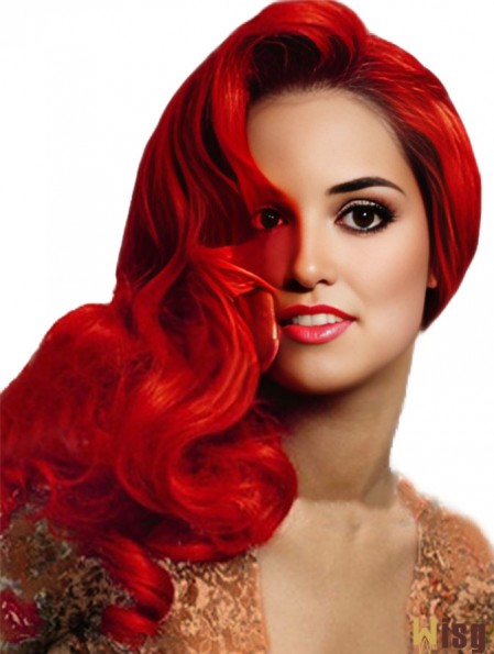 Red Wig Human Hair With Capless Wavy Style Long Length