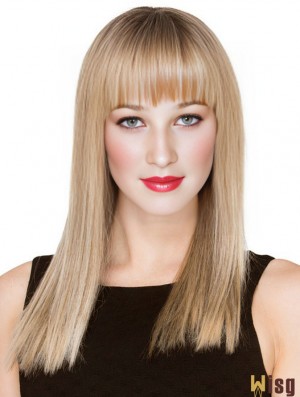 Blonde Long Human Hair Monofilament Wigs With Fringe With Bangs For Women