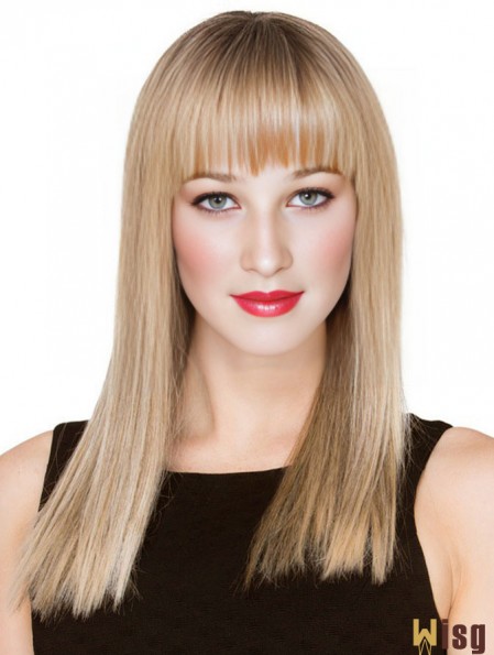 Blonde Long Human Hair Monofilament Wigs With Fringe With Bangs For Women