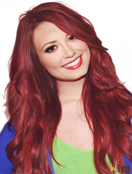 Long Red Wavy Human Hair wigs With Capless Construction For Women