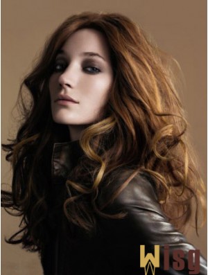 Brown Wavy Long Without Bangs 100% Hand-tied Cheap Womens Wigs