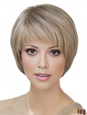 Blonde Short Straight With Bangs Monofilament Wigs