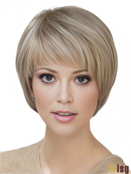 Blonde Short Straight With Bangs Monofilament Wigs