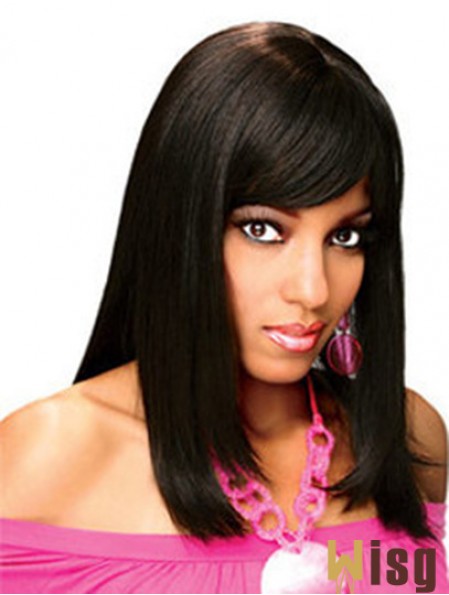 Full Human Hair Wigs With Bangs Full Lace Shoulder Length Black Color