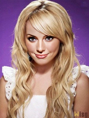 With Bangs Top Wavy Blonde Long Human Hair Lace Front Wigs