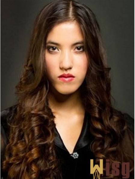 Without Bangs Long Auburn Wavy 24 inch Flexibility Human Hair Wigs