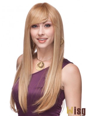 Straight With Bangs Monofilament Blonde Top Long Wigs