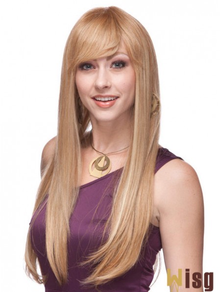 Straight With Bangs Monofilament Blonde Top Long Wigs