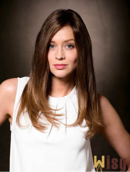 100% Hand-tied Straight Without Bangs 16 inch Ombre/2 tone Long Human Hair Wigs Cheap