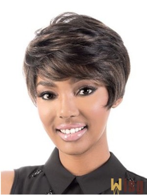 Short Capless Brown Wavy With Bangs Black Woman Human Hair