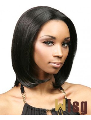 Without Bangs No-Fuss Yaki Black Chin Length Human Hair Lace Front Wigs