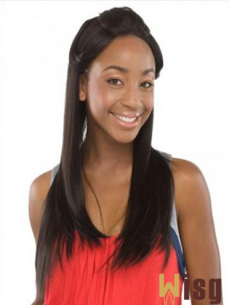 Without Bangs Sleek Straight Black Long Human Hair Lace Front Wigs