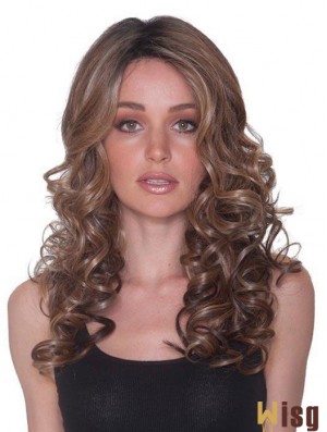 Without Bangs 100% Hand-tied 18 inch Curly Brown Long Wigs