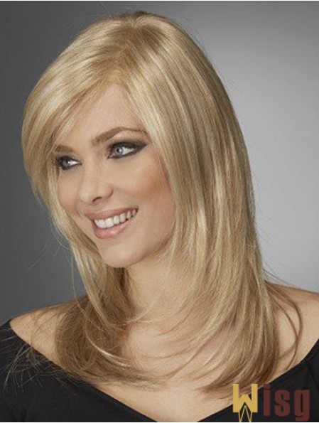 Best Comfortable Synthetic Wigs With Bangs Monofilament Blonde Color Wavy Style