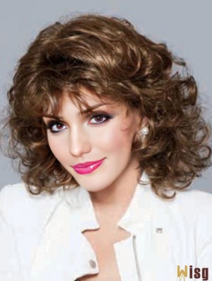 No-Fuss Brown Shoulder Length Curly With Bangs Lace Front Wigs