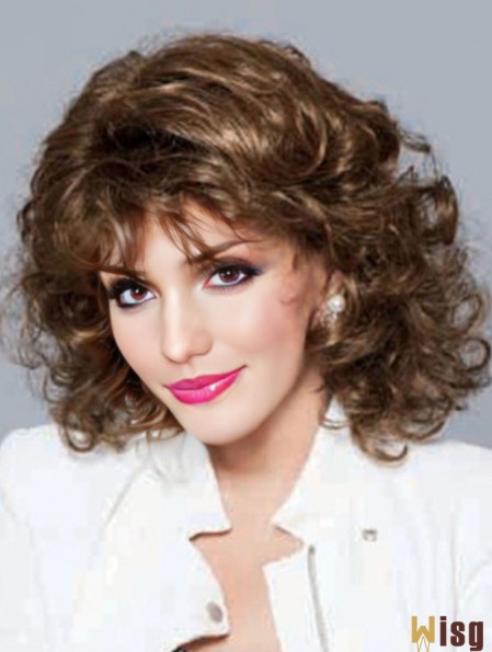 No-Fuss Brown Shoulder Length Curly With Bangs Lace Front Wigs
