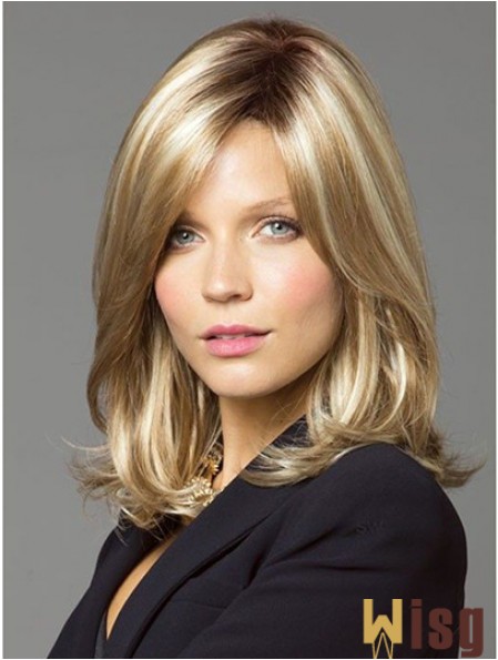 Wavy With Bangs Shoulder Length Blonde Online Lace Front Wigs