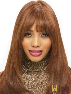 Synthetic Brown Straight With Bangs Monofilament Hand Tied Wigs