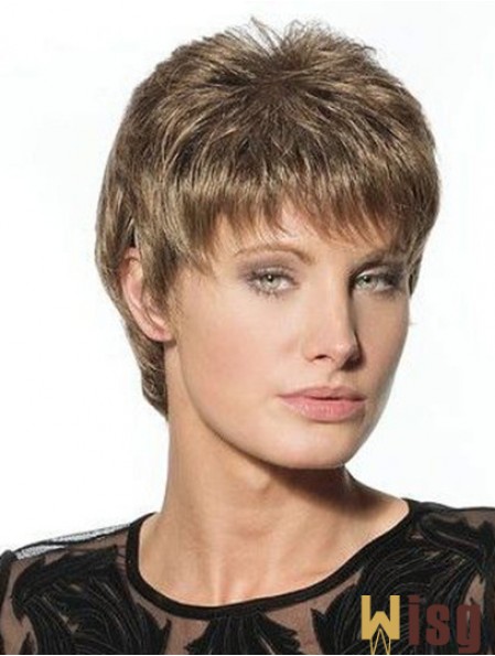 Suitable Brown Cropped Boycuts Straight Glueless Lace Front Wigs