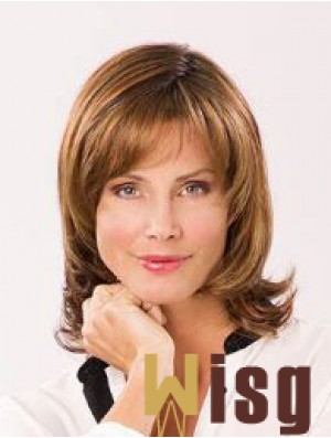 Auburn With Bangs Shoulder Length 12 inch Wavy Synthetic Ladies Wig Monofiliment