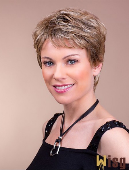 Synthetic Monofilament 4 inch Boycuts Straight Brown Ladies Short Wigs