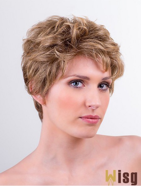 Synthetic Monofilament 6 inch Boycuts Wavy Blonde Short Wigs For Women