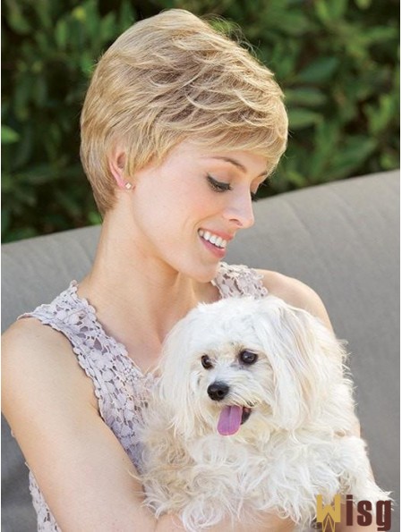 Blonde Boycuts Wavy 4 inch Cropped Ladies Mono Wigs