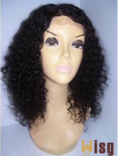 Black Color Shoulder Length Curly Human Hair With Lace Front Wigs For Black African American Women
