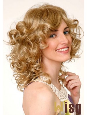 Layered Blonde Curly Shoulder Length 16 inch Durable Medium Wigs