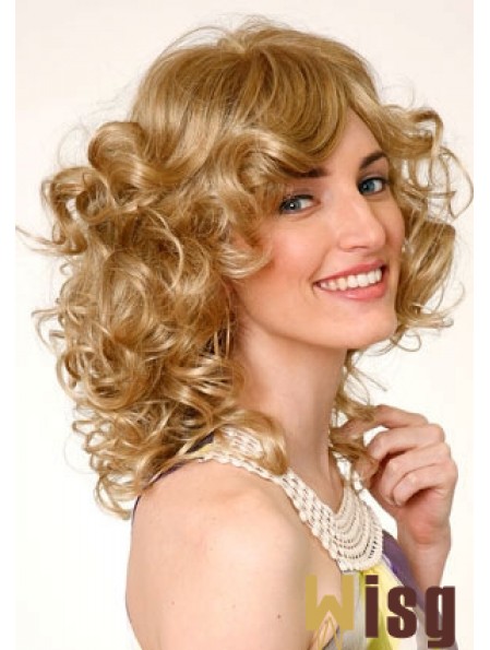 Layered Blonde Curly Shoulder Length 16 inch Durable Medium Wigs