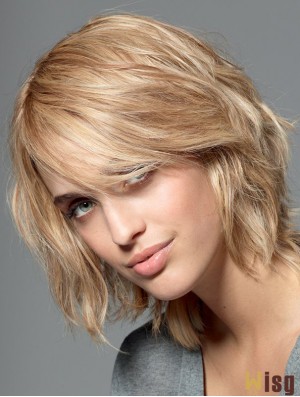 With Bangs Blonde Wavy Shoulder Length 10 inch No-Fuss Medium Wigs