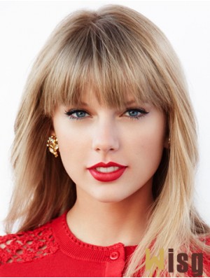 Long Blonde Straight Lace Front Wigs With Bangs Sleek  Synthetic Wigs