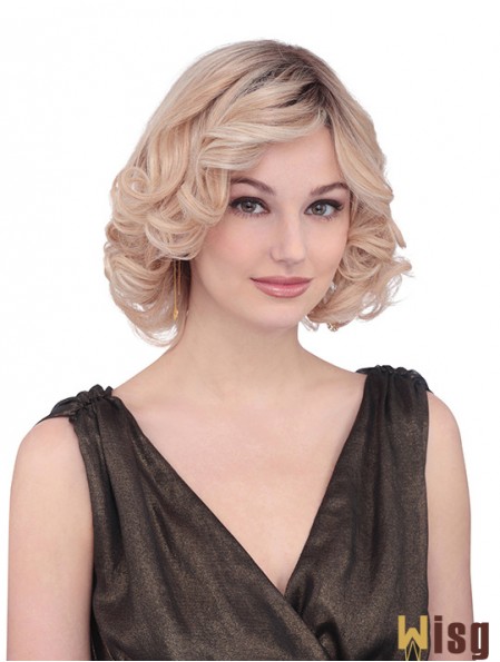 Chin Length Curly With Bangs Fabulous Blonde Lace Front Wigs
