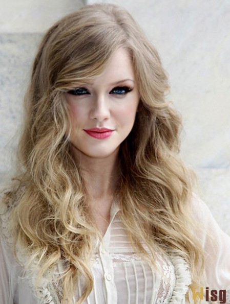 100% Hand-tied With Bangs Wavy Long Blonde Great  Wigs