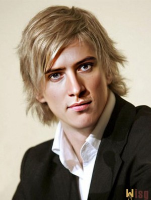 Chin Length Layered Blonde Wavy Human Hair Wigs For Men UK