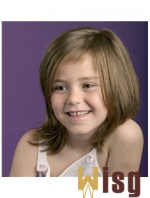 Straight Shoulder Length Brown Remy Human Hair 100% Hand-tied Kids Wigs