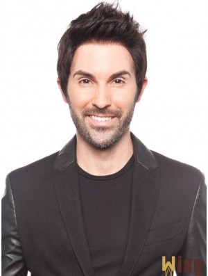 Black Straight Short 100% Hand Tied Mens Black Wigs