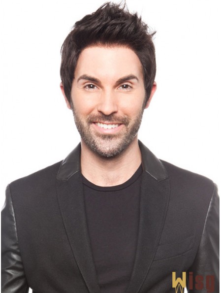 Black Straight Short 100% Hand Tied Mens Black Wigs