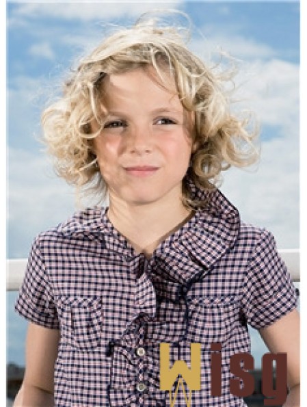 Curly Chin Length Blonde Synthetic 100% Hand-tied Kids Wigs