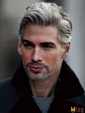 6 inch Straight Short 100% Hand Tied Mens White Wig