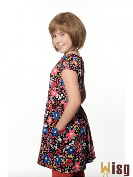 Straight Chin Length Brown Remy Human Hair 100% Hand-tied Kids Wigs