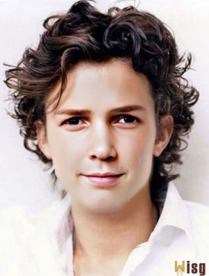 Remy Human 100% Hand Tied Curly Brown Buy Wig For Men