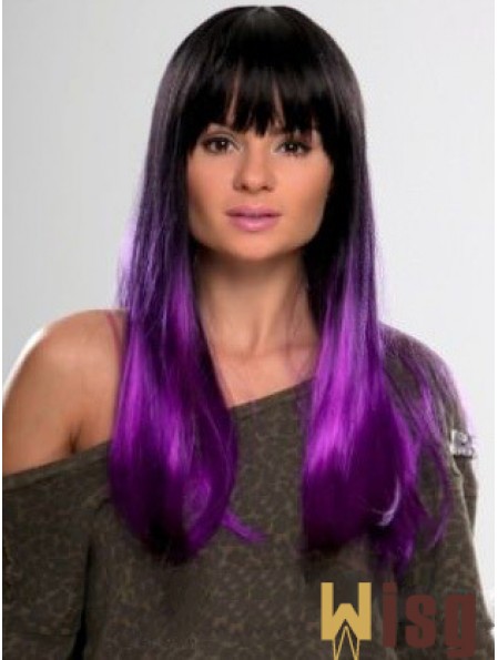 Sassy Ombre/2 Tone Long Straight With Bangs 22 inch Human Lace Wigs