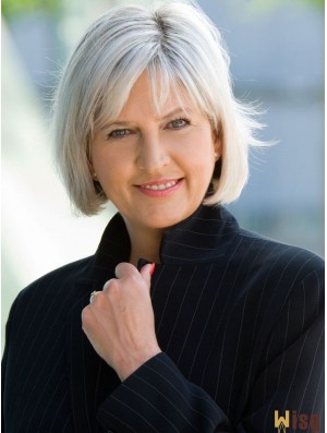Real Human Hair Wigs With Capless Straight Style Grey Cut