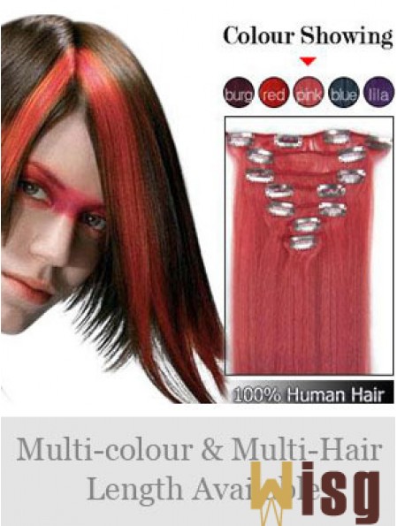 Comfortable Red Straight Remy Human Hair Clip In Hair Extensions